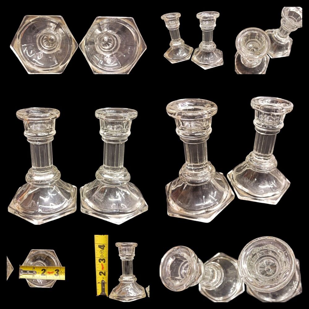 Set of Two Vintage Clear Glass HOMCO USA Candle Holders Pedestal Candlesticks 4"